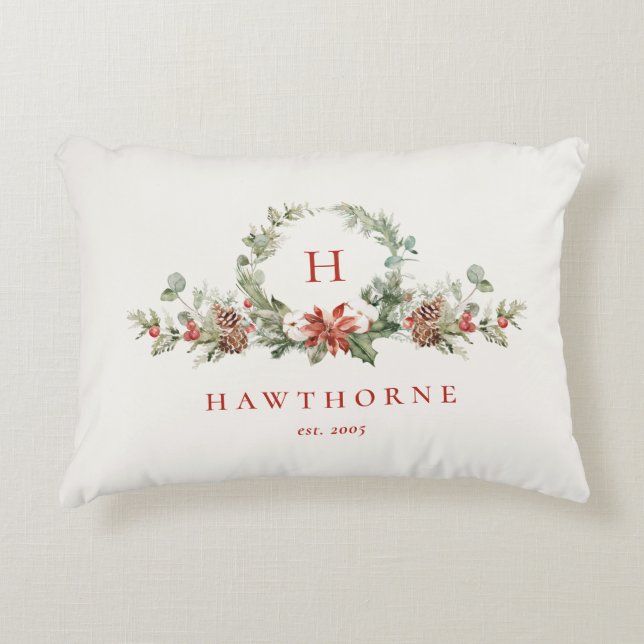 Christmas Boughs Monogram Holiday Accent Pillow (Front)