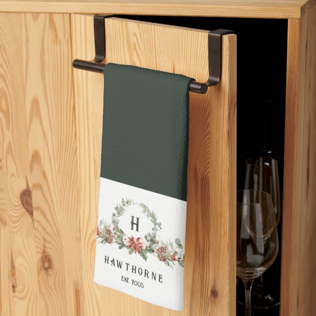 Christmas Boughs Monogram Holiday Kitchen Towel (Thirds Fold)