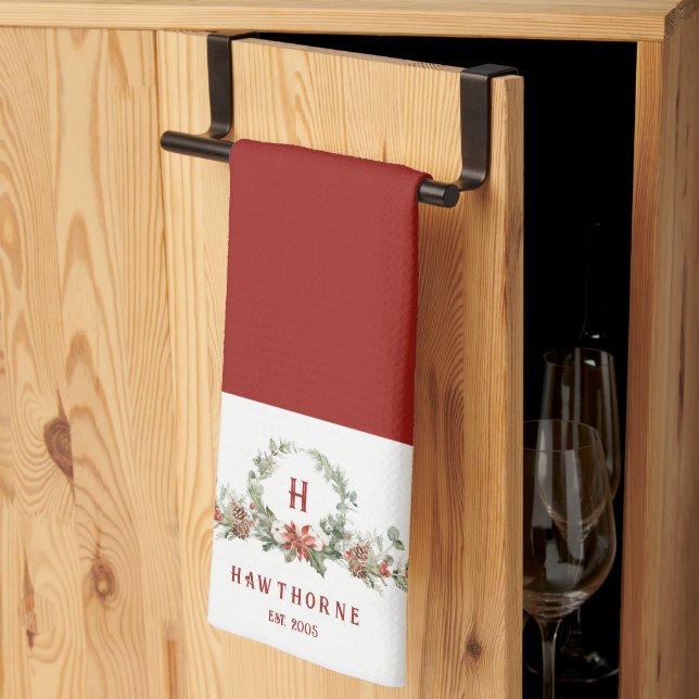Christmas Boughs Monogram Holiday Kitchen Towel (Thirds Fold)