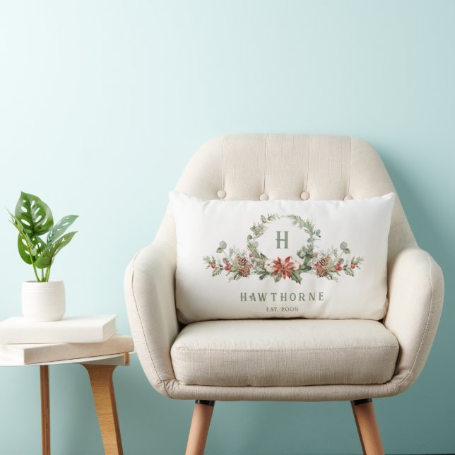 Christmas Boughs Monogram Holiday Lumbar Pillow (Chair)