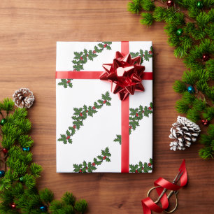 Christmas Boughs of Holly Red Green White Wrapping Paper