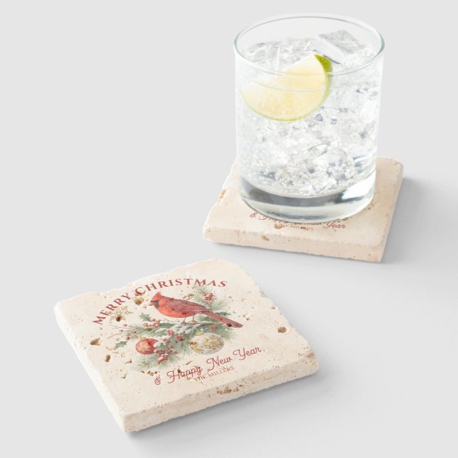 Christmas Bouquet Red Robin Custom Typography Stone Coaster (Side)