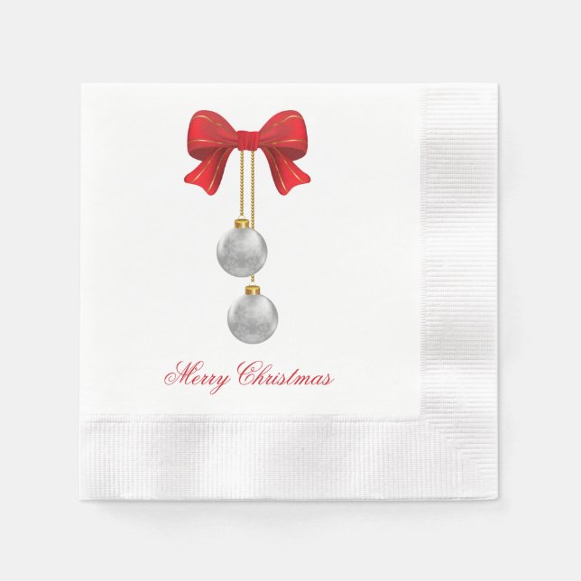 Christmas Bow and Balls Paper Coined Cocktail Napkin (Front)