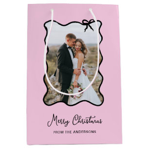 Christmas Bow Black and Blush Pink Photo Frame Medium Gift Bag