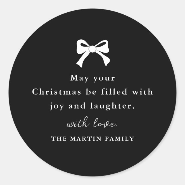 Christmas Bow Black and White Personalized Holiday Classic Round Sticker (Front)
