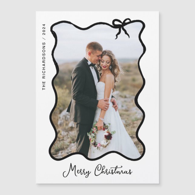 Christmas Bow Black and White Photo Magnetic Card (Front)