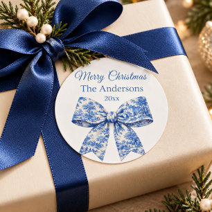 Christmas bow blue white french toile classic round sticker