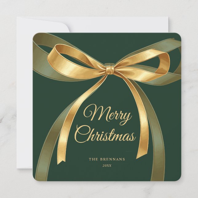 Christmas Bow Elegant Green Gold Festive Holiday Card (Front)