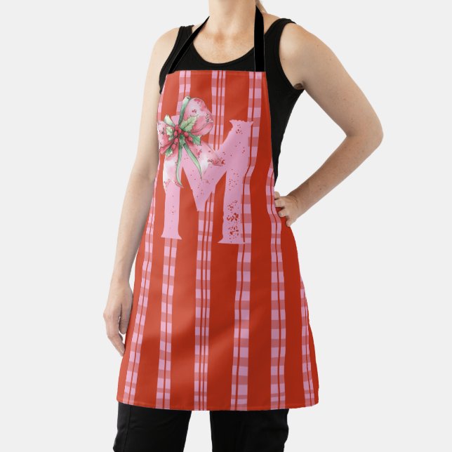 Christmas Bow Initial Name Pink Red Apron (Insitu)