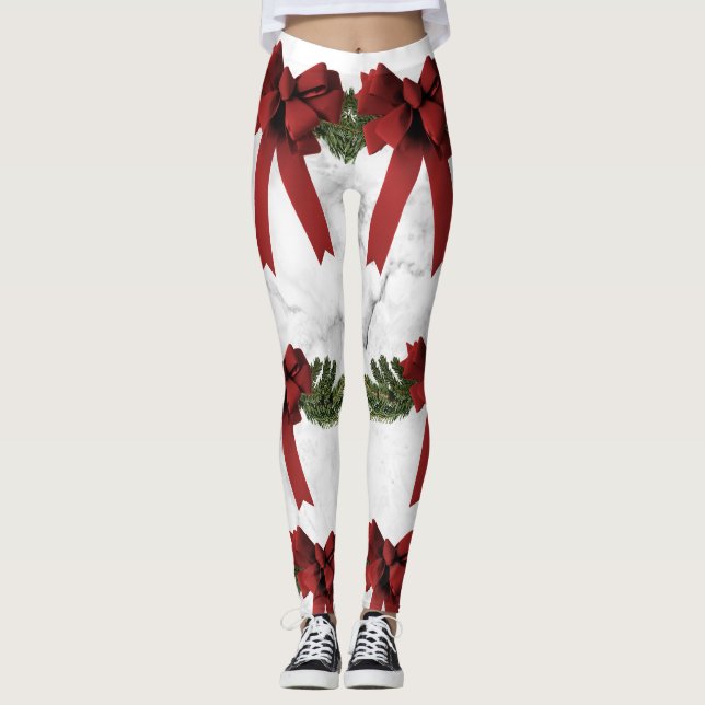 Christmas Bow & marble Print Leggings (Front)