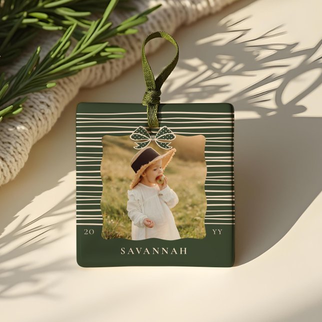 Christmas Bow Modern Stripes Wavy Photo Keepsake Ceramic Ornament (Christmas Bow Modern Stripes Wavy Photo Keepsake Ceramic Ornament)