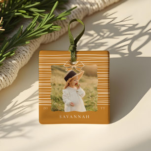 Christmas Bow Modern Stripes Wavy Photo Keepsake Ceramic Ornament