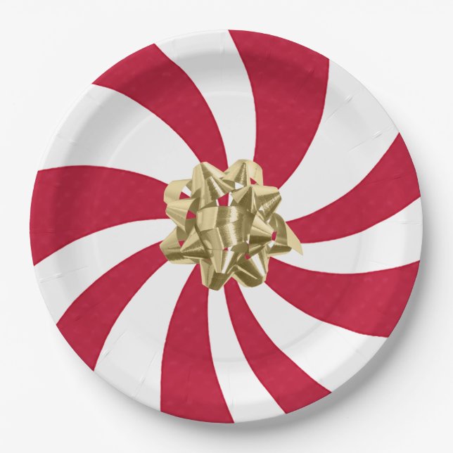 Christmas Bow on Peppermint Candy Paper Plate (Front)