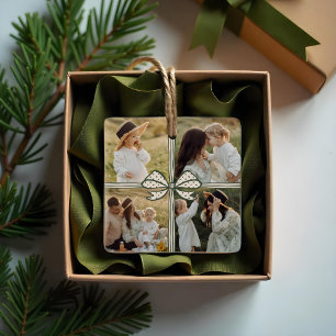 Christmas Bow Present Four Photo Collage Keepsake Ceramic Ornament