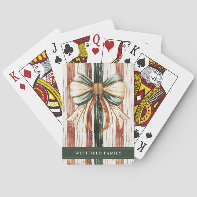 Christmas Bow Rustic Stripes Personalized Playing Cards (Back)