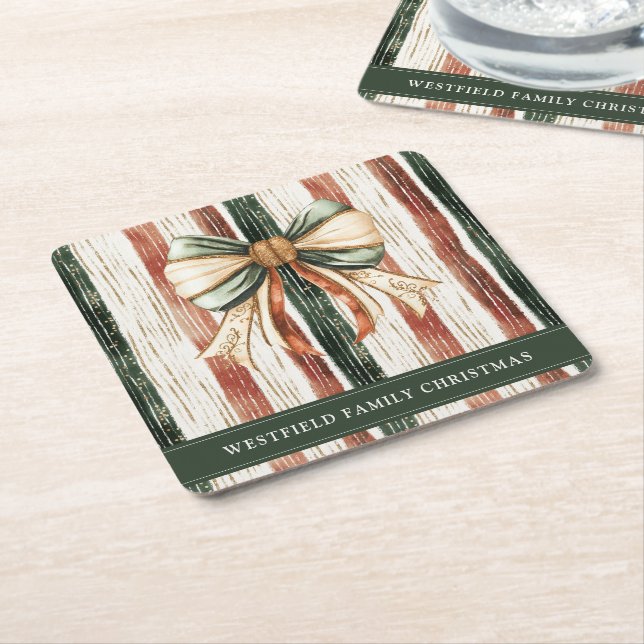 Christmas Bow Rustic Stripes Personalized Square Paper Coaster (Angled)