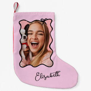 Christmas Bow   Wavy Blush Pink and Black Photo Small Christmas Stocking