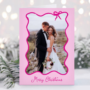 Christmas Bow   Wavy Pink Photo Frame Holiday Card