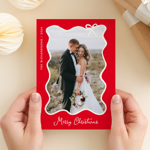 Christmas Bow   Wavy Red and White Photo Frame Holiday Card