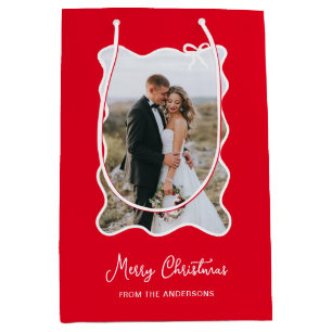 Christmas Bow   Wavy Red and White Photo Frame Medium Gift Bag