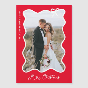 Christmas Bow   Wavy Red Photo Frame Magnetic Card