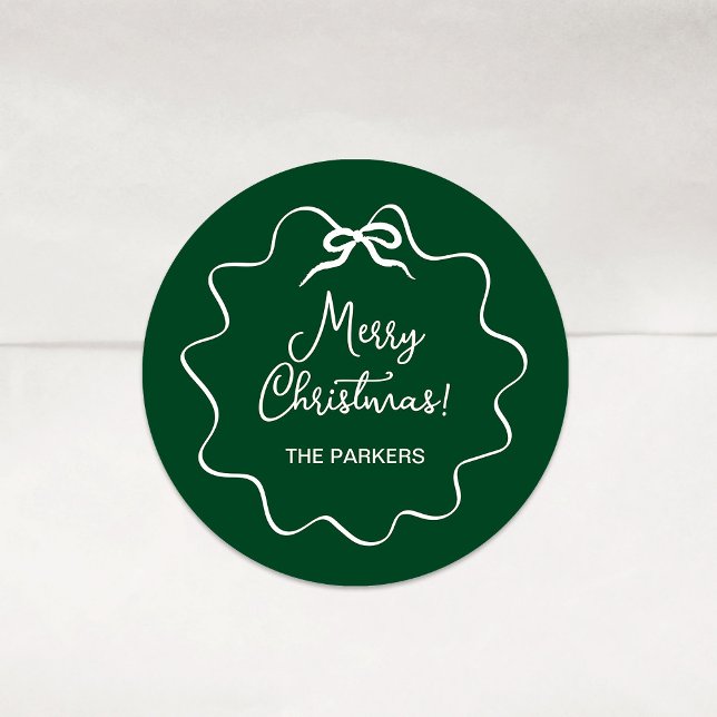 Christmas Bow | Wavy Whimsical Green and White Classic Round Sticker (Creator Uploaded)