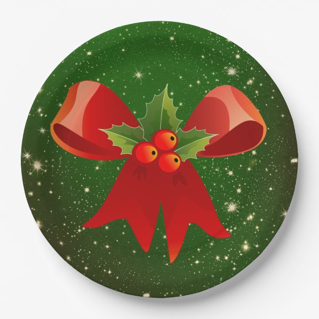 Christmas bow with holly Paper Plates (Front)