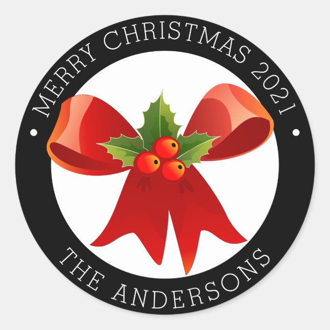 Christmas Bow with Holly Return Address  Classic Round Sticker (Front)