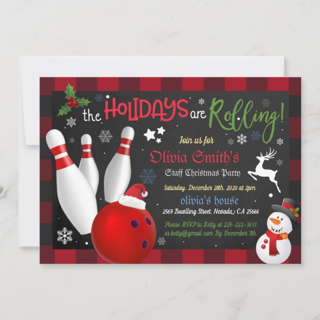 Christmas Bowling Holiday Buffalo Plaid Invitation (Front)
