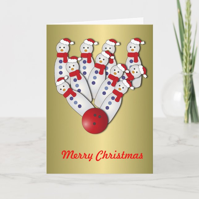 Christmas Bowling Snowmen... Strike! Holiday Card (Front)
