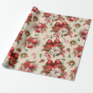 Christmas Bows Bells Flowers Candy Cane Wrapping Paper