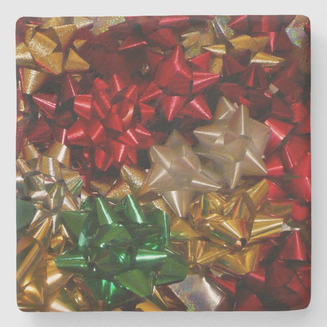 Christmas Bows Colourful Festive Holiday Stone Coaster (Front)