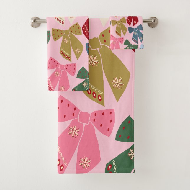 Christmas Bows Coquette Pink Bath Towel Set (Insitu)
