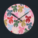 Christmas Bows Coquette Pink Round Clock<br><div class="desc">Colourful Christmas Bows - Coquette Ribbons – Pink Background.</div>
