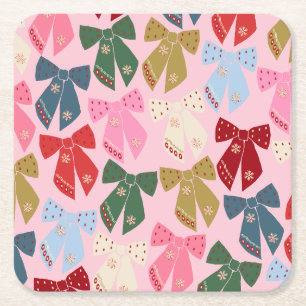 Christmas Bows Coquette Pink Square Paper Coaster