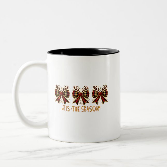 Christmas Bows Plaid Bows Red Two-Tone Coffee Mug (Left)
