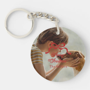 Christmas Bows Retro Holiday Premium Red Photo Keychain