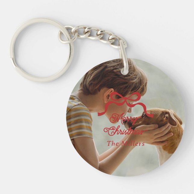Christmas Bows Retro Holiday Premium Red Photo Keychain (Front)
