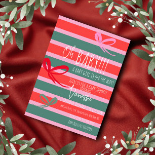 Christmas Bows Stripes Girls Baby Shower   Invitation