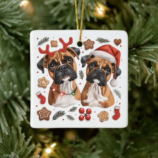 Christmas Boxer Dogs Ceramic Ornament (Tree)