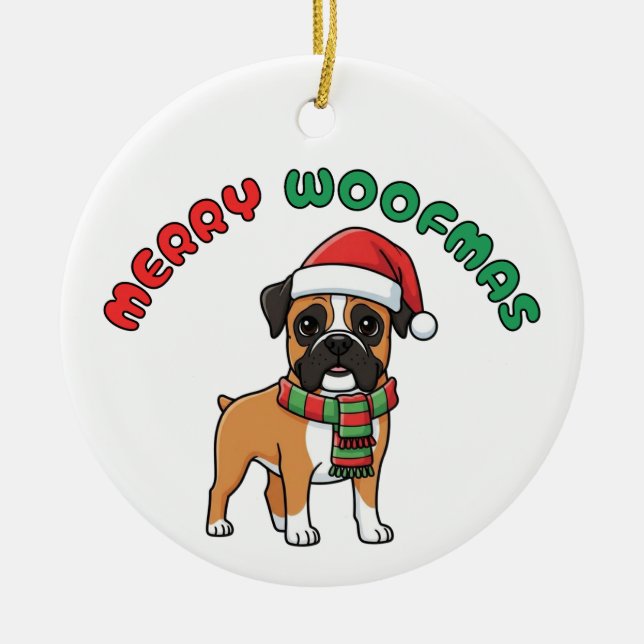Christmas Boxer Ornament: Merry Woofmas Ceramic Ornament (Front)