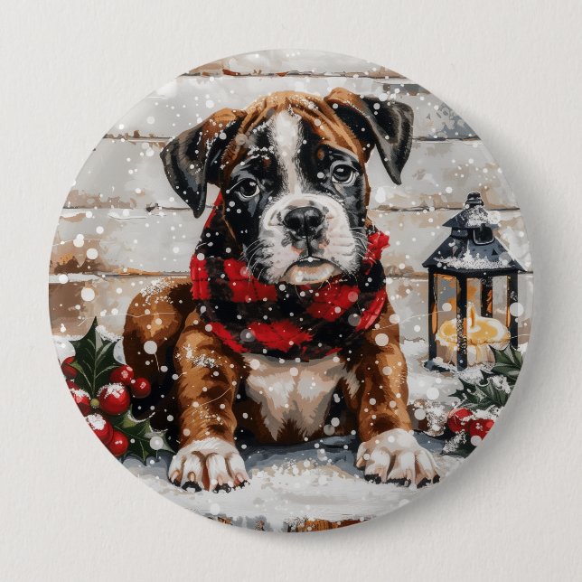 Christmas Boxer Puppy 4 Inch Round Button (Front)