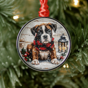 Christmas Boxer Puppy Metal Ornament