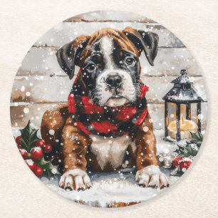 Christmas Boxer Puppy Round Paper Coaster