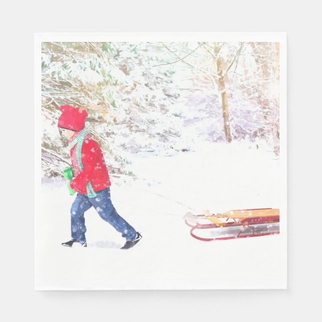 Christmas boy sled winter snow watercolor napkin (Front)