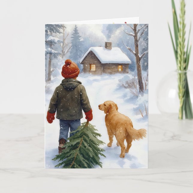 Christmas Boy With Pine Tree and Dog Card (Front)