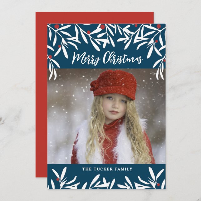 Christmas Branches & Berries Navy Blue Red Photo Holiday Card (Front/Back)
