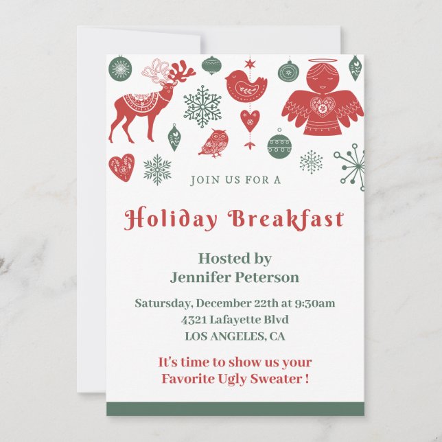Christmas Breakfast Beautiful Nordic Pattern Green Invitation (Front)