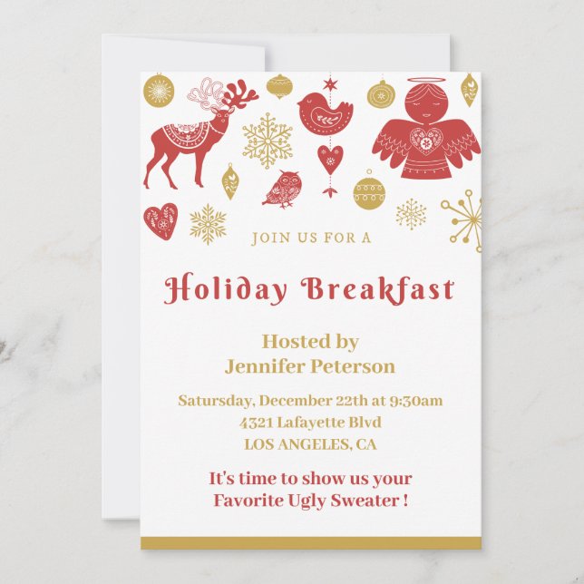 Christmas Breakfast Invitation Gold Red Nordic (Front)