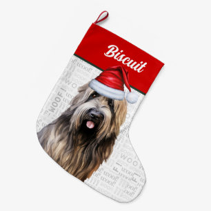 Christmas Briard Dog with Name Woof Background Large Christmas Stocking